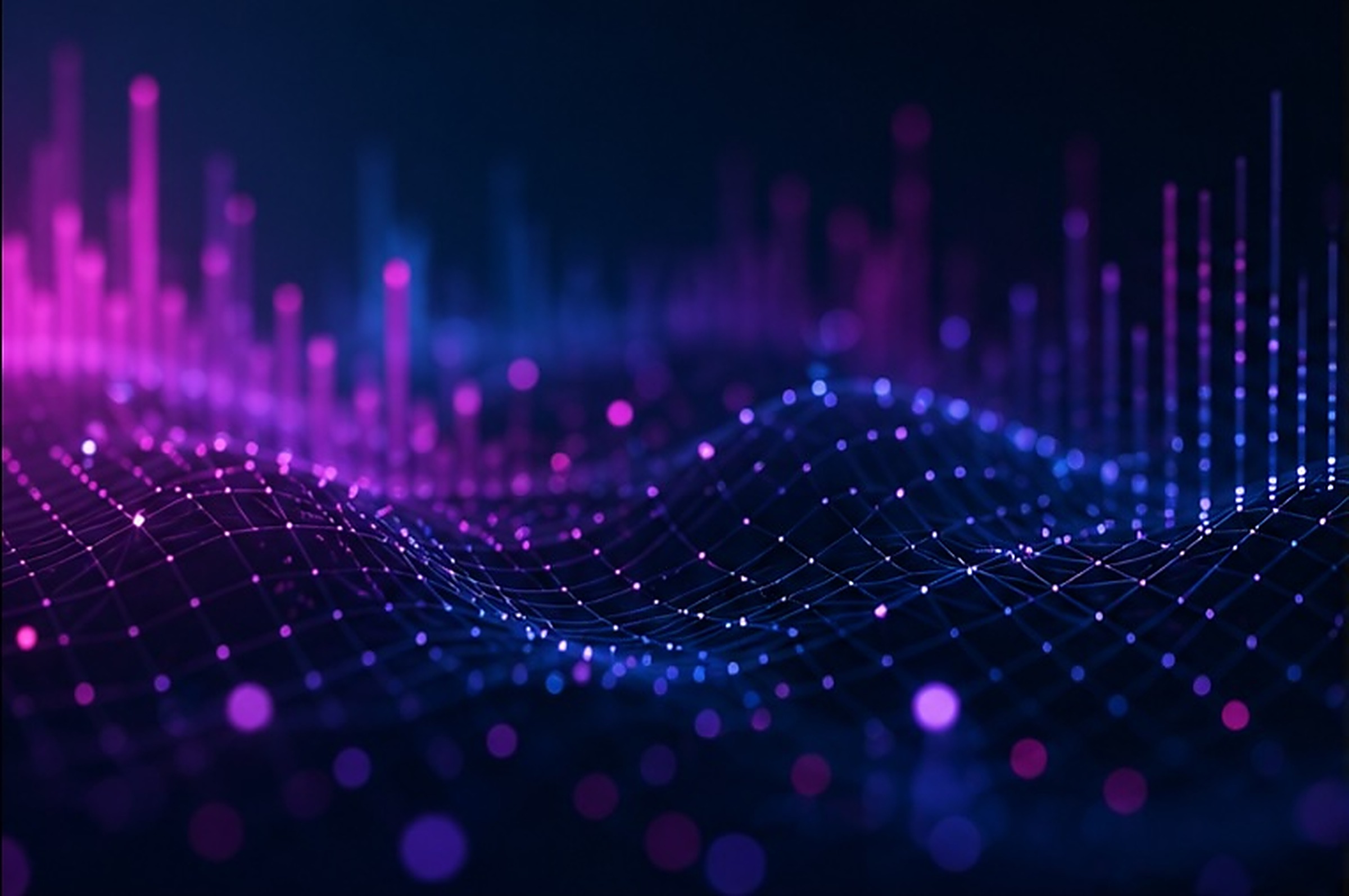 Abstract data visualization in blue and magenta, representing OMICS4's multi-omics data network.